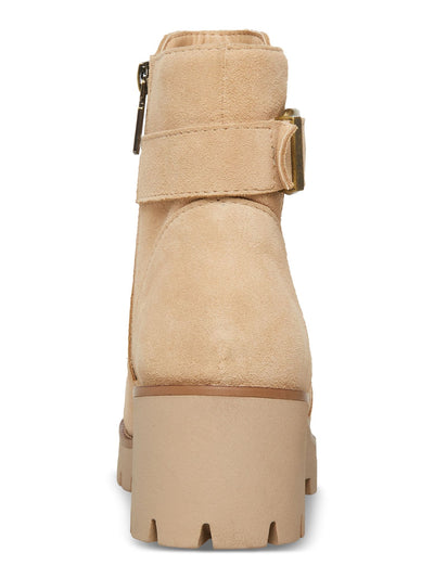 AQUA COLLEGE Womens Beige Padded Waterproof Buckle Accent Lug Sole Desiree Almond Toe Block Heel Zip-Up Leather Booties 9.5 M