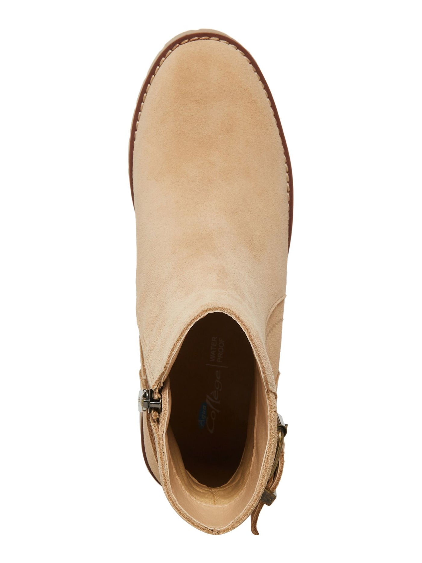 AQUA COLLEGE Womens Beige Padded Waterproof Buckle Accent Lug Sole Desiree Almond Toe Block Heel Zip-Up Leather Booties 9.5 M