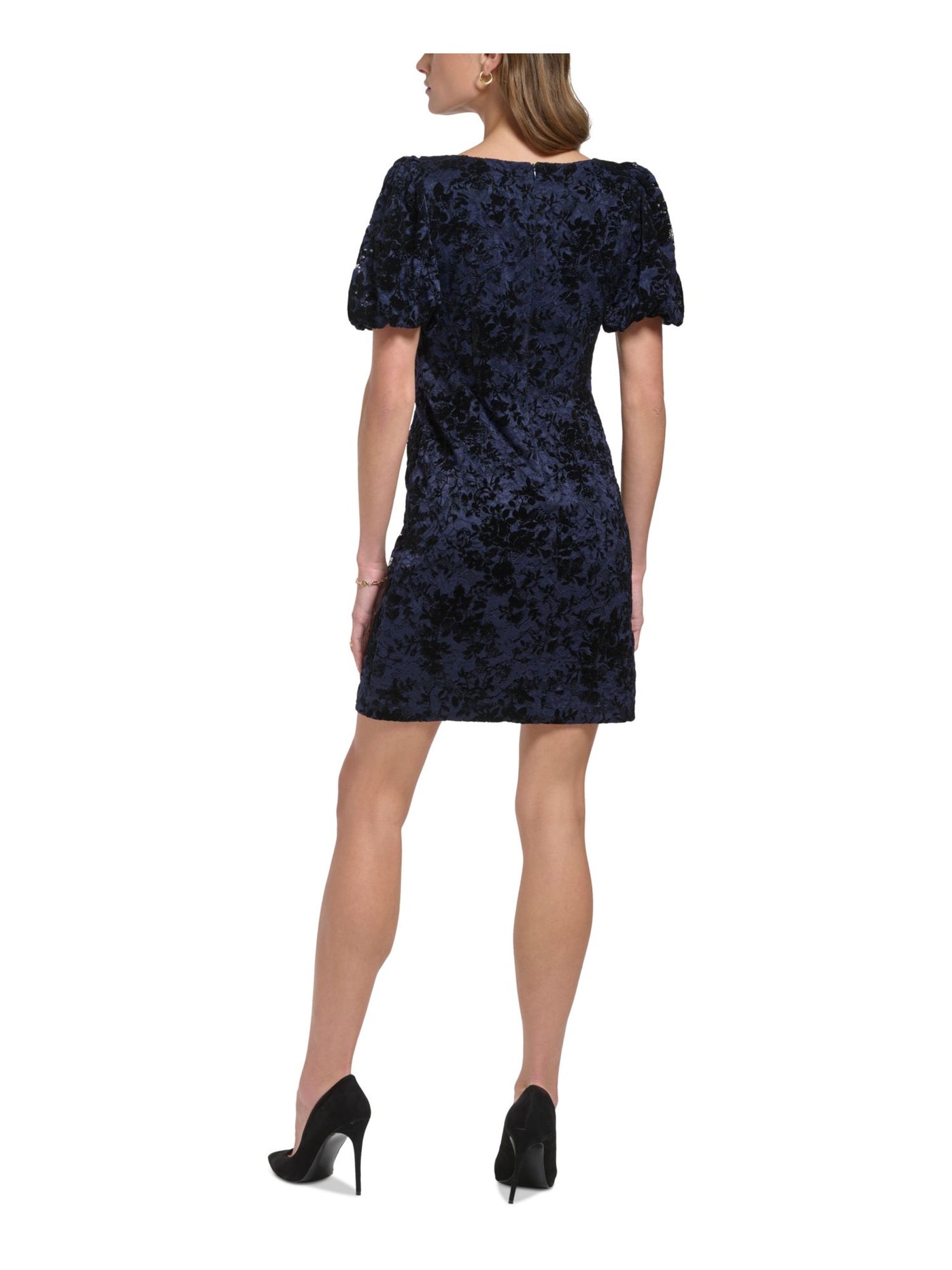 JESSICA HOWARD Womens Navy Zippered Floral Short Sleeve Round Neck Above The Knee Wear To Work Shift Dress Petites 10P