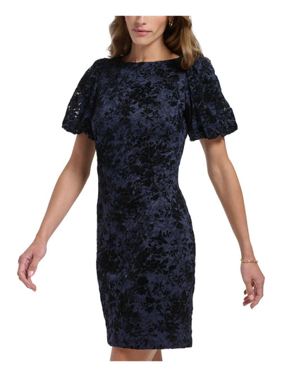 JESSICA HOWARD Womens Navy Zippered Floral Short Sleeve Round Neck Above The Knee Wear To Work Shift Dress Petites 10P