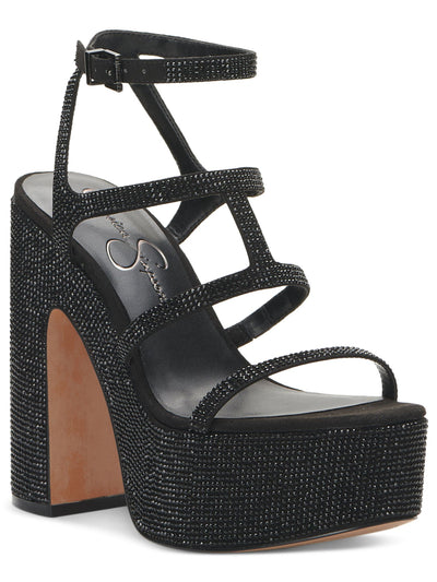 JESSICA SIMPSON Womens Black Mixed Media Padded Strappy Ankle Strap Embellished Meitini Round Toe Platform Buckle Dress Heeled Sandal 9 M