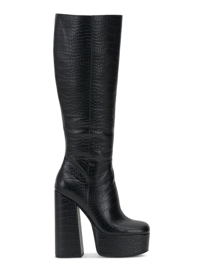JESSICA SIMPSON Womens Black Animal Print 2 Inch Platform Goring Padded Samah Square Toe Block Heel Zip-Up Dress Boots 5.5 M
