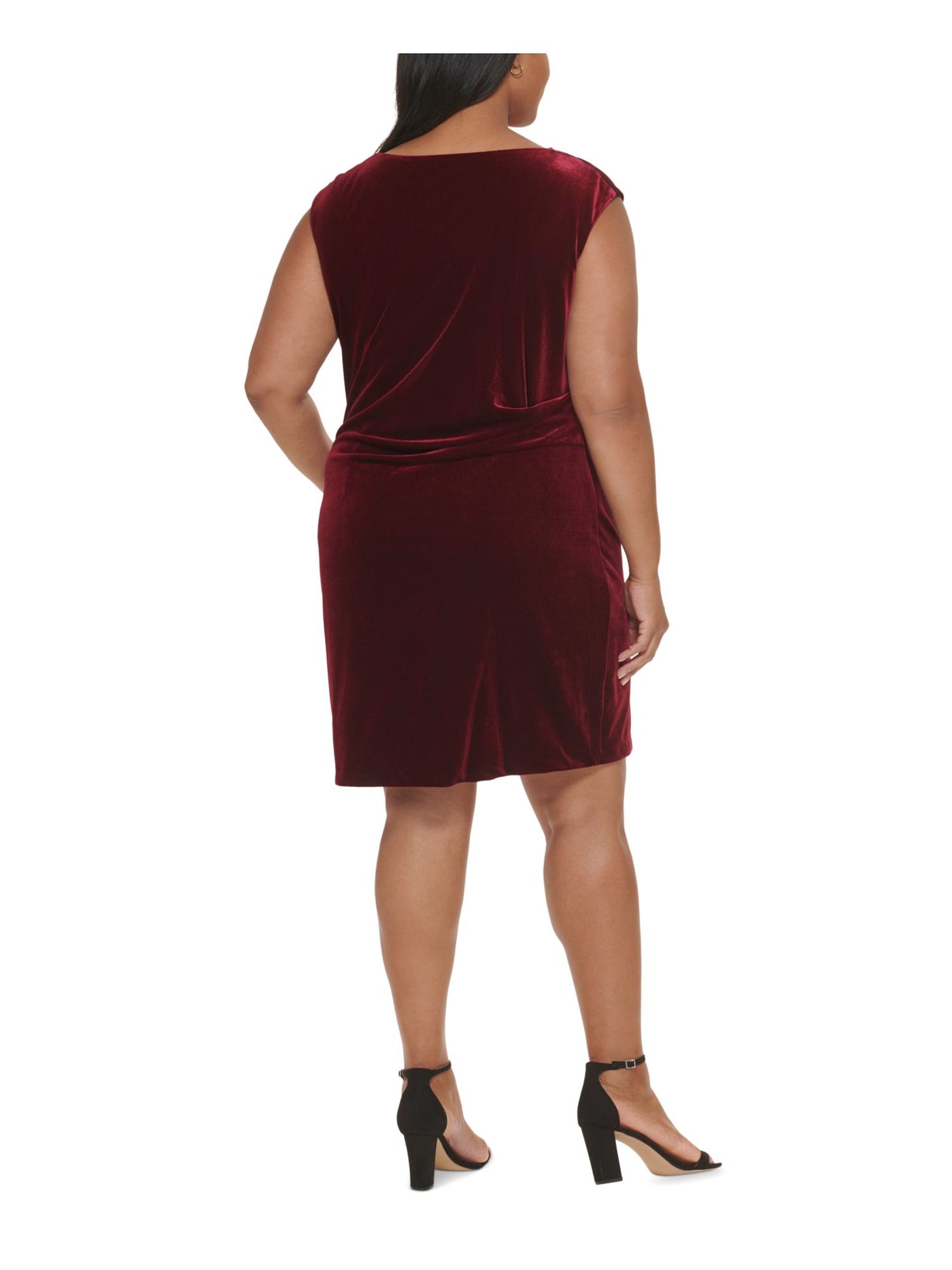 JESSICA HOWARD Womens Burgundy Zippered Ruched Pullover Lined Darted Sleeveless Cowl Neck Above The Knee Evening Sheath Dress Plus 14W