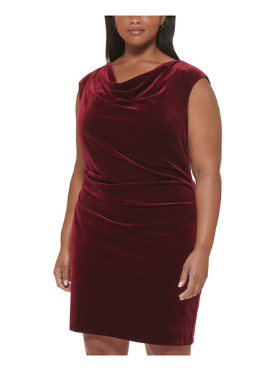 JESSICA HOWARD Womens Burgundy Zippered Ruched Pullover Lined Darted Sleeveless Cowl Neck Above The Knee Evening Sheath Dress Plus 18W
