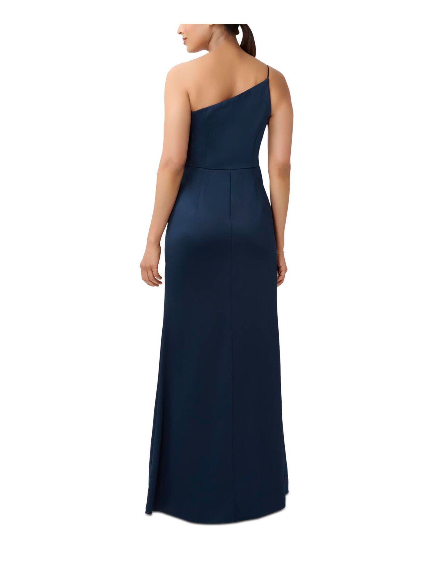 ADRIANNA PAPELL Womens Navy Zippered Unlined Slit Spaghetti Strap Asymmetrical Neckline Full-Length Formal Gown Dress 8