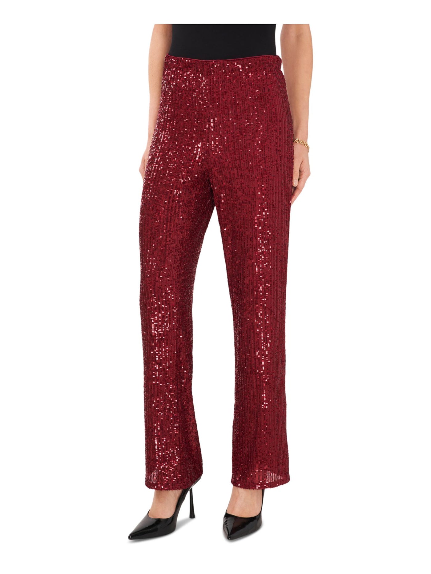 VINCE CAMUTO Womens Red Sequined Elastic Waist Pull On Cocktail Flare Pants M