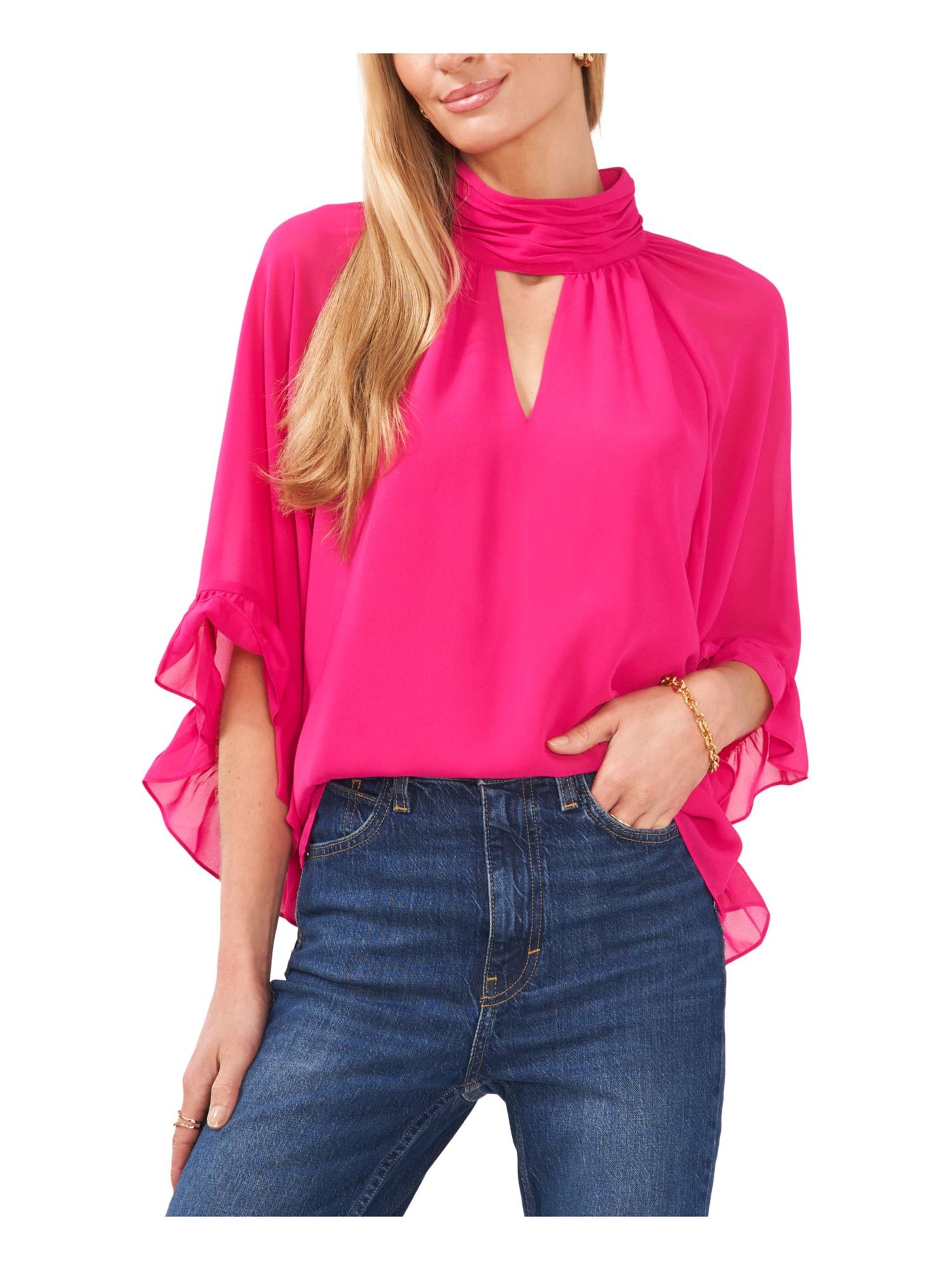 VINCE CAMUTO Womens Pink Ruffled Sheer Cutout Front Keyhole Back Lined 3/4 Sleeve Mock Neck Blouse M