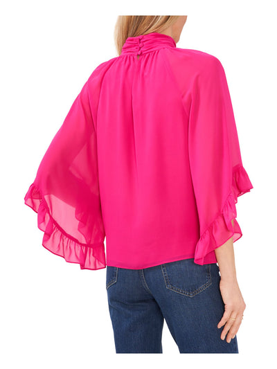 VINCE CAMUTO Womens Pink Ruffled Sheer Cutout Front Keyhole Back Lined 3/4 Sleeve Mock Neck Blouse M