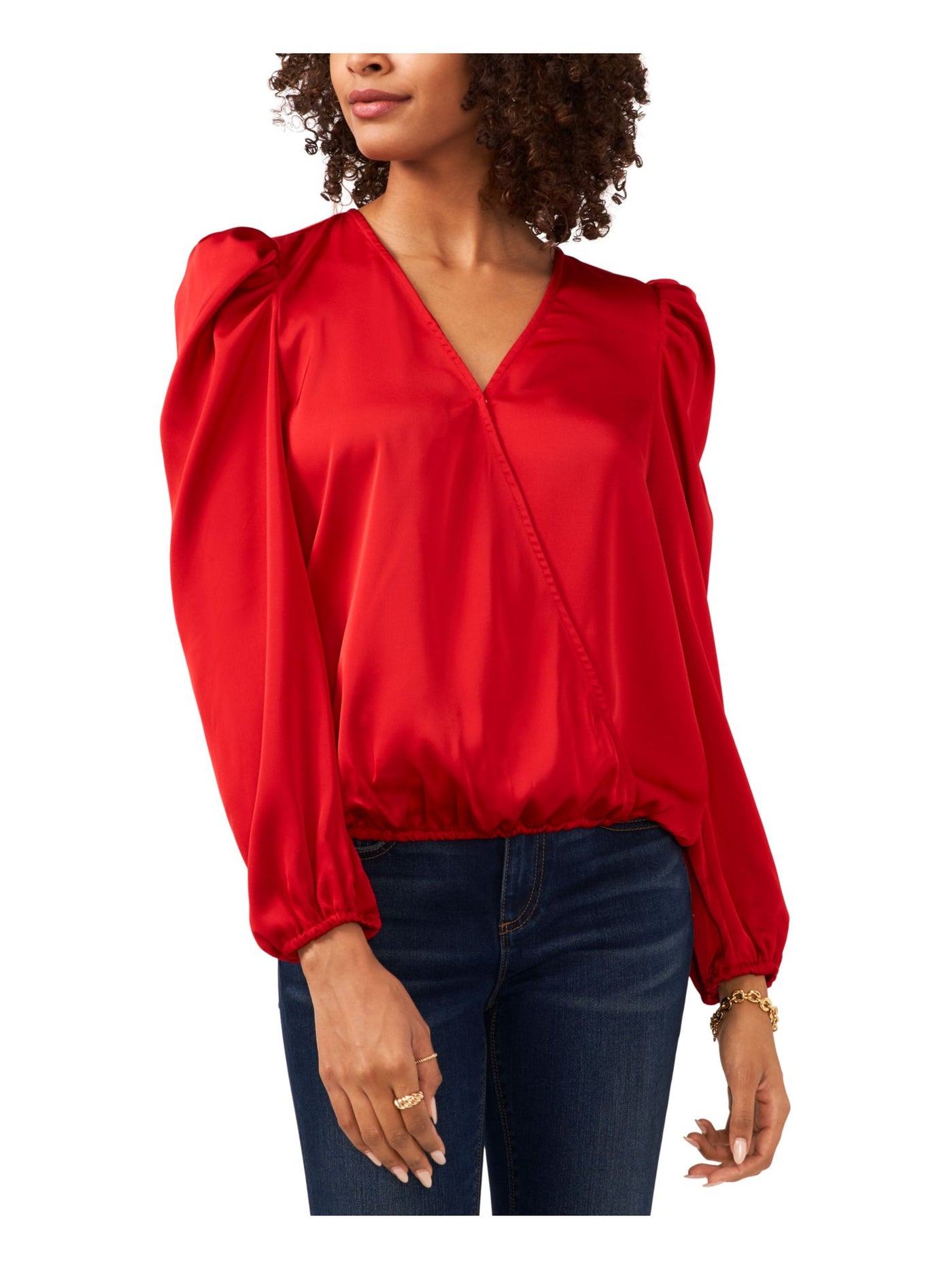 VINCE CAMUTO Womens Red Sheer Pleated Elasticized Unlined Snap Button Pouf Sleeve V Neck Faux Wrap Top XS