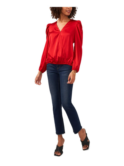 VINCE CAMUTO Womens Red Sheer Pleated Elasticized Unlined Snap Button Pouf Sleeve V Neck Faux Wrap Top XL