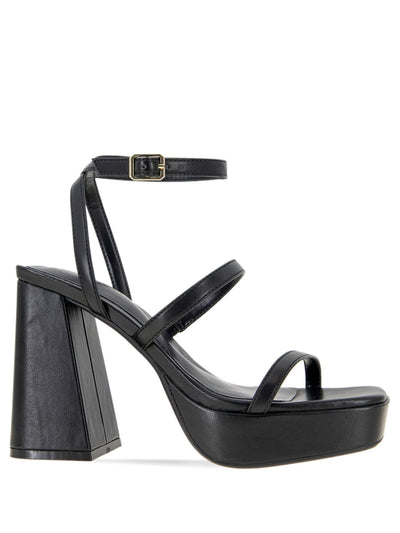 BCBGENERATION Womens Black Ankle Strap Cushioned 1" Platform Goring Strappy Galana Square Toe Flare Buckle Heeled Sandal 6.5 M