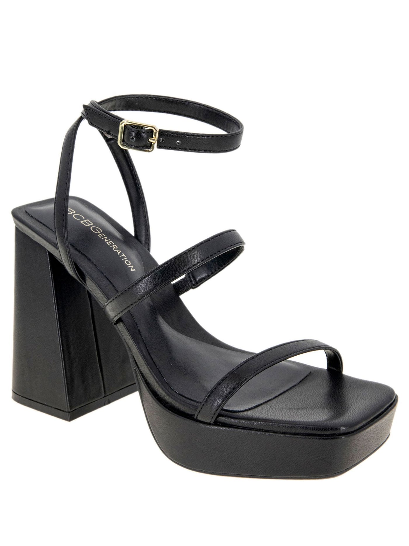 BCBGENERATION Womens Black Ankle Strap Cushioned 1" Platform Goring Strappy Galana Square Toe Flare Buckle Heeled Sandal 6.5 M
