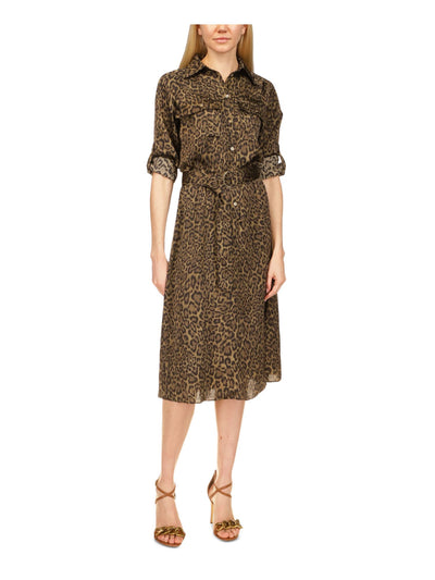 MICHAEL MICHAEL KORS Womens Beige Pocketed Belted Button Closure Elastic Waist Animal Print Roll-tab Sleeve Collared Midi Wear To Work Shirt Dress S