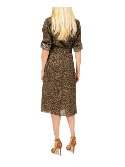 MICHAEL MICHAEL KORS Womens Beige Pocketed Belted Button Closure Elastic Waist Animal Print Roll-tab Sleeve Collared Midi Wear To Work Shirt Dress XS