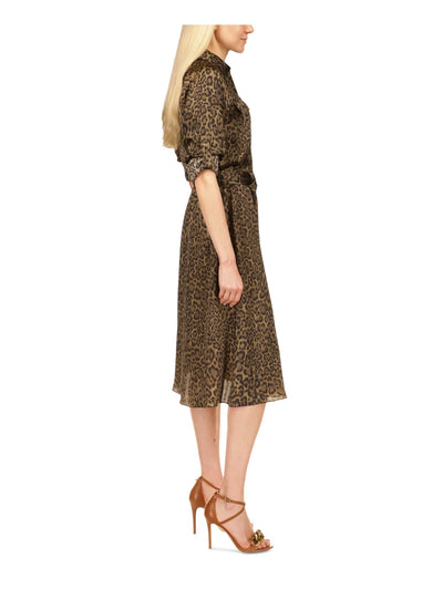 MICHAEL MICHAEL KORS Womens Beige Pocketed Belted Button Closure Elastic Waist Animal Print Roll-tab Sleeve Collared Midi Wear To Work Shirt Dress XS
