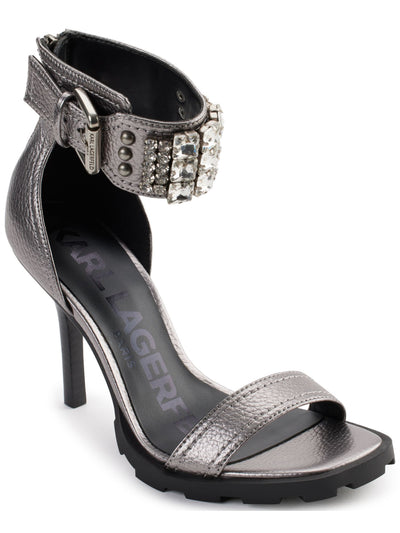 KARL LAGERFELD PARIS Womens Silver Padded Ankle Strap Malinda Square Toe Stiletto Zip-Up Leather Dress Sandals Shoes 5 M