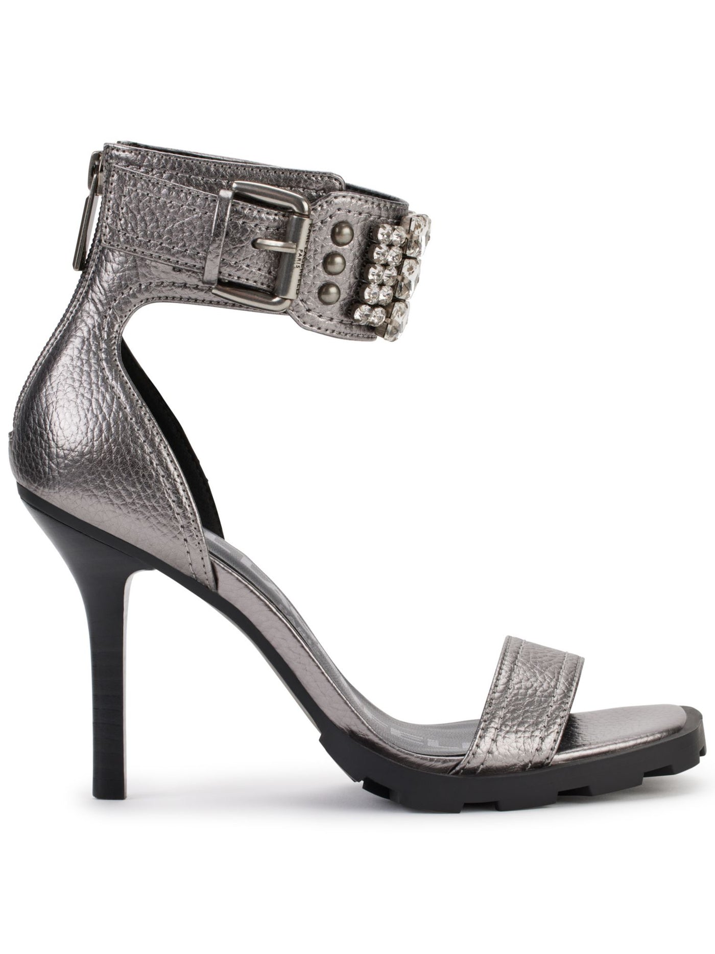 KARL LAGERFELD PARIS Womens Silver Padded Ankle Strap Malinda Square Toe Stiletto Zip-Up Leather Dress Sandals Shoes 5 M