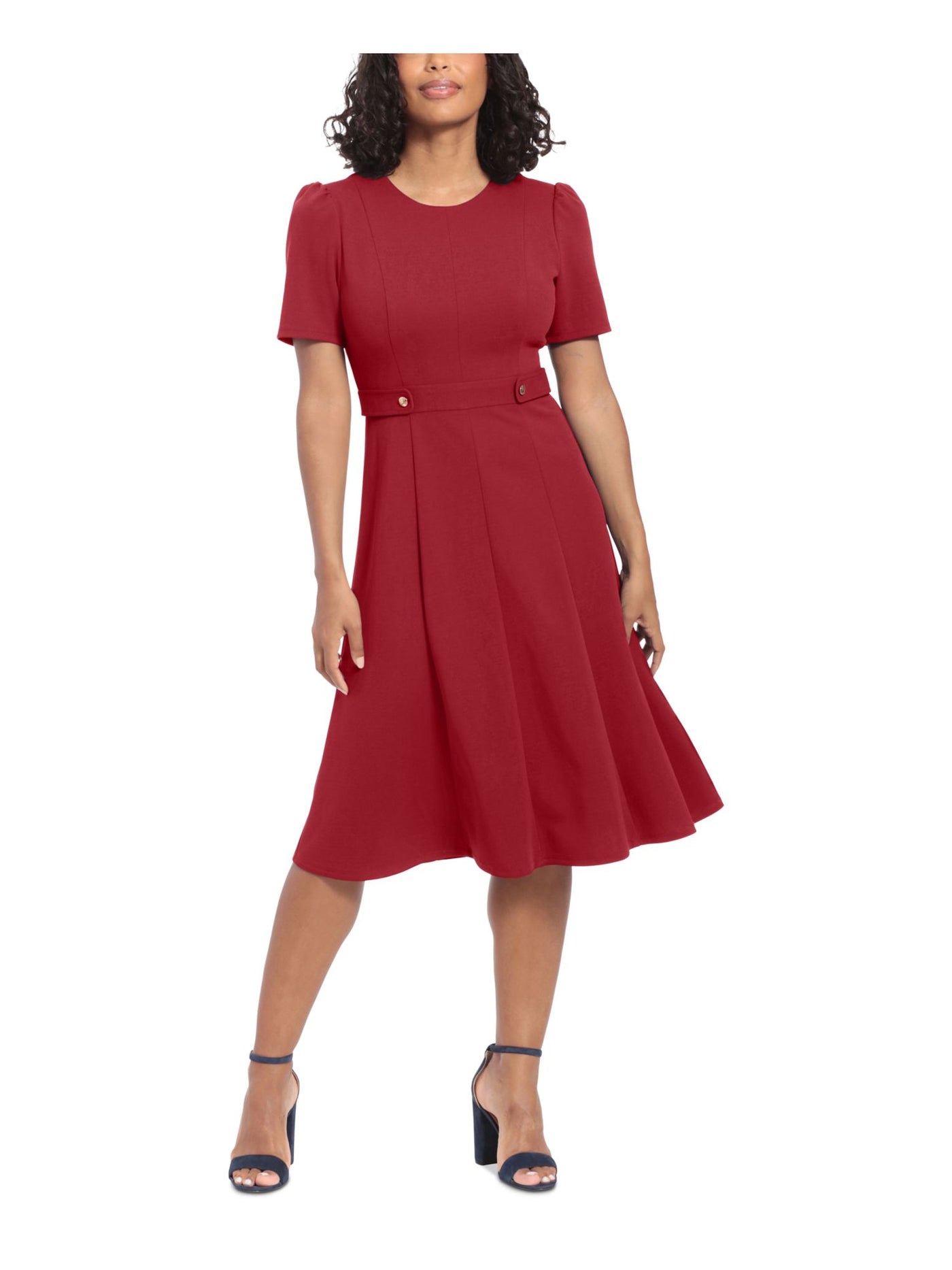 LONDON TIMES PETITES Womens Red Pleated Zippered Band Waist Button Tabs Short Sleeve Round Neck Midi Wear To Work Fit + Flare Dress Petites 8P