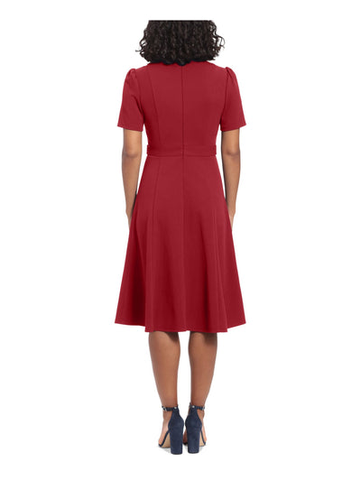 LONDON TIMES PETITES Womens Red Pleated Zippered Band Waist Button Tabs Short Sleeve Round Neck Midi Wear To Work Fit + Flare Dress Petites 8P