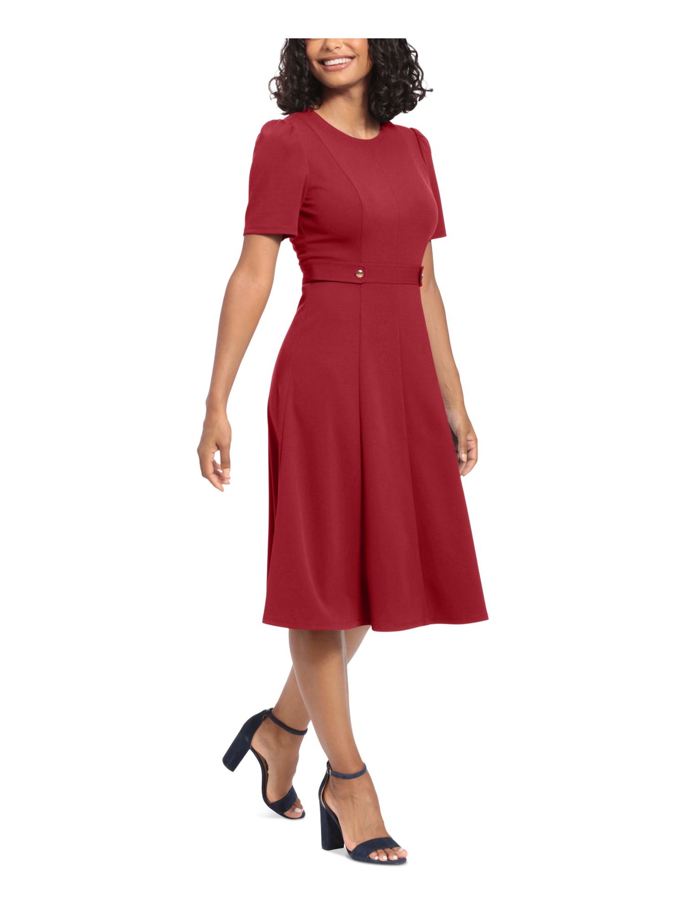 LONDON TIMES PETITES Womens Red Pleated Zippered Band Waist Button Tabs Short Sleeve Round Neck Midi Wear To Work Fit + Flare Dress Petites 8P