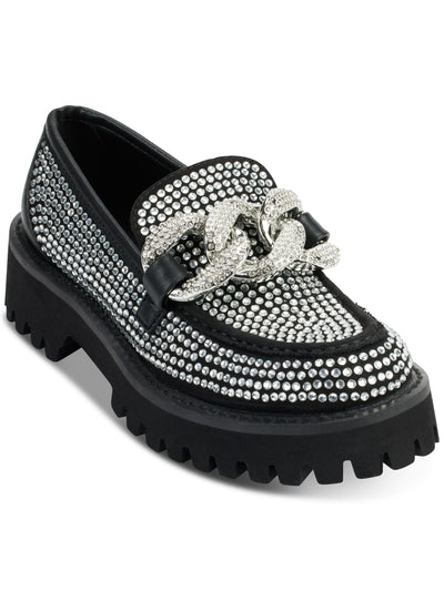 KARL LAGERFELD PARIS Womens Black Mixed Media 1" Platform Chain Accent Notched Lug Heel Padded Rhinestone Giana Almond Toe Slip On Dress Loafers Shoes 6.5