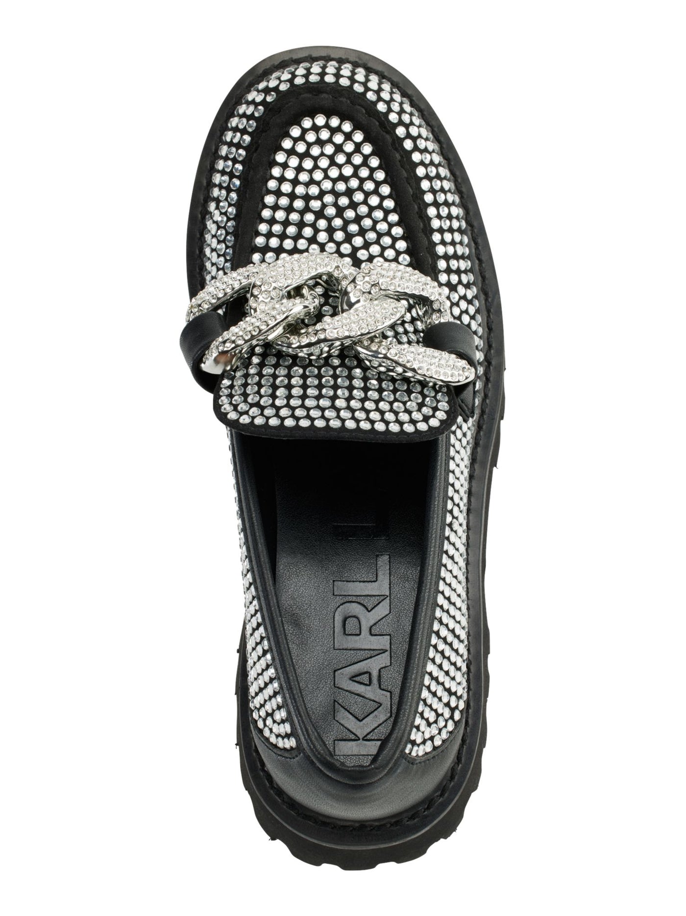 KARL LAGERFELD PARIS Womens Black Mixed Media 1" Platform Chain Accent Notched Lug Heel Padded Rhinestone Giana Almond Toe Slip On Dress Loafers Shoes 6.5