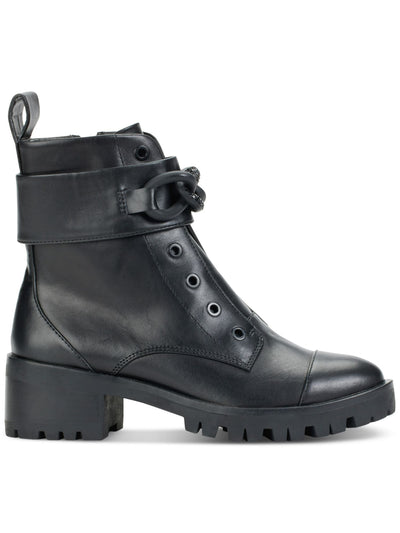 KARL LAGERFELD PARIS Womens Black Grommets Chained Strap Back Pull-Tab Goring Padded Pepper Almond Toe Block Heel Zip-Up Leather Boots Shoes 9.5 M