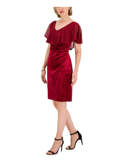 CONNECTED APPAREL Womens Red Ruched V-back Cape Overlay Pullover Flutter Sleeve V Neck Above The Knee Party Sheath Dress 4