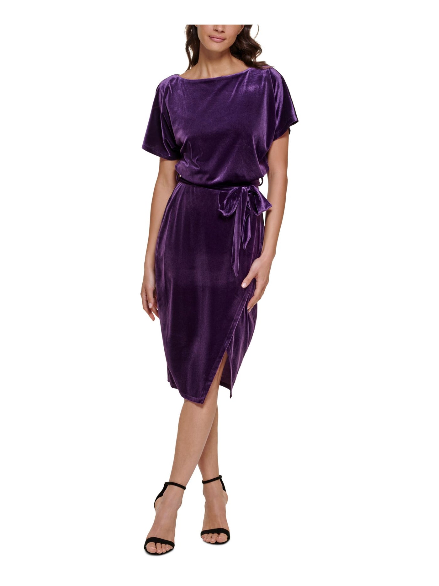 KENSIE DRESSES Womens Purple Belted Wrap-front Skirt Short Sleeve Boat Neck Knee Length Party Sheath Dress S
