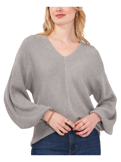 1. STATE Womens Gray Ribbed Long Bubble Sleeve Heather V Neck Sweater L