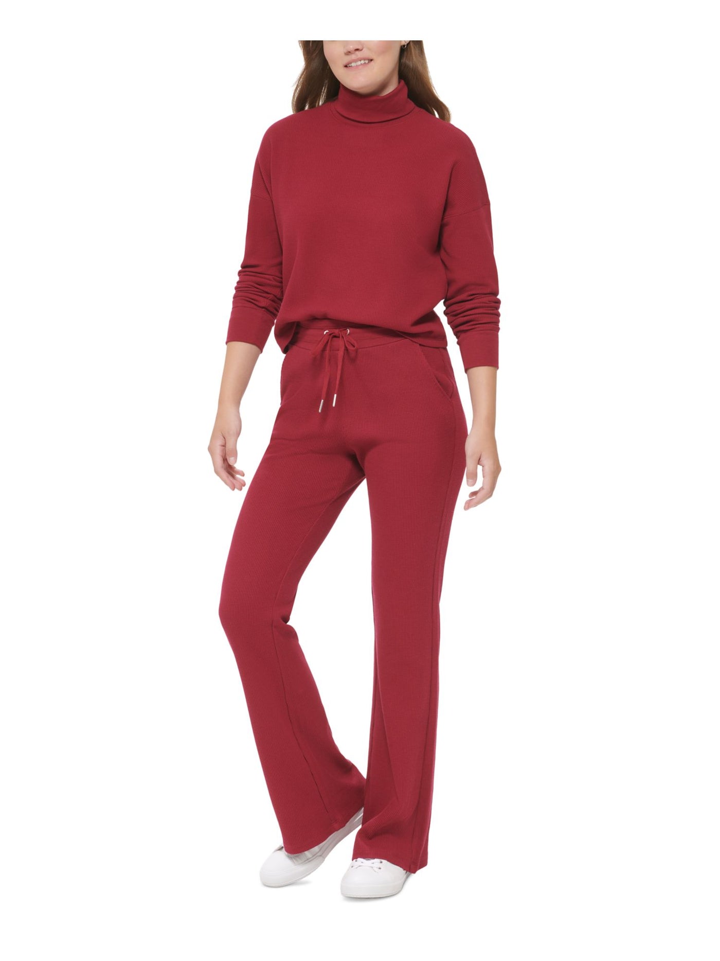 CALVIN KLEIN PERFORMANCE Womens Red Cotton Blend Textured Short Length Long Sleeve Turtle Neck Top M
