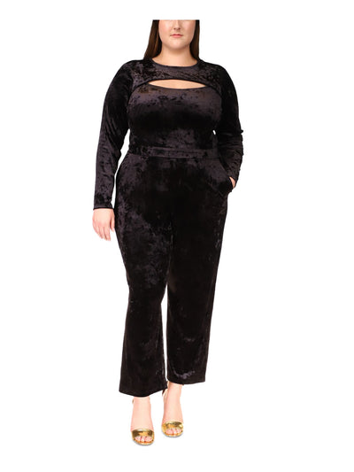 MICHAEL MICHAEL KORS Womens Black Cut Out Zippered Unlined Pocketed Long Sleeve Round Neck Cocktail Wide Leg Jumpsuit Plus 3X
