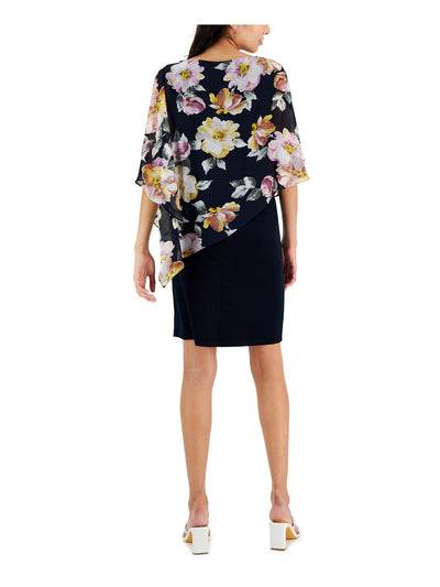CONNECTED APPAREL Womens Navy Unlined Asymmetrical Cape-overlay Floral Flutter Sleeve Round Neck Above The Knee Wear To Work Sheath Dress 4