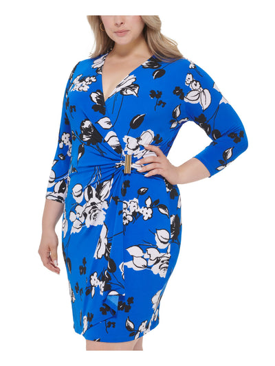 CALVIN KLEIN Womens Blue Floral 3/4 Sleeve V Neck Knee Length Wear To Work Faux Wrap Dress Plus 14W
