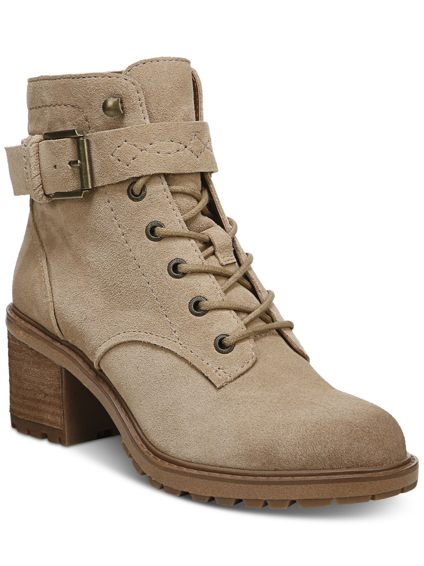 ZODIAC Womens Beige Lace-Up Buckled Strap Detail Padded Lug Sole Arch Support Gemma Round Toe Block Heel Zip-Up Leather Combat Boots 10 M