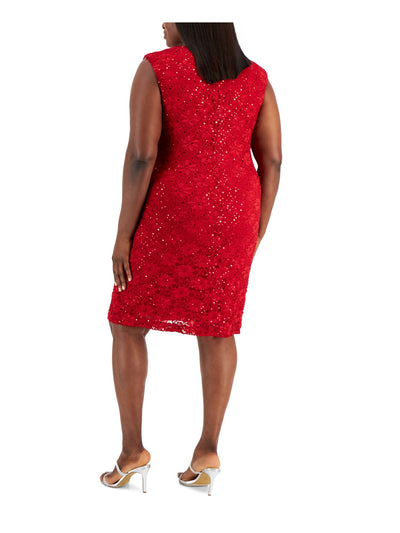 CONNECTED APPAREL Womens Red Sequined Ruched Cap Sleeve V Neck Above The Knee Cocktail Sheath Dress Plus 20W
