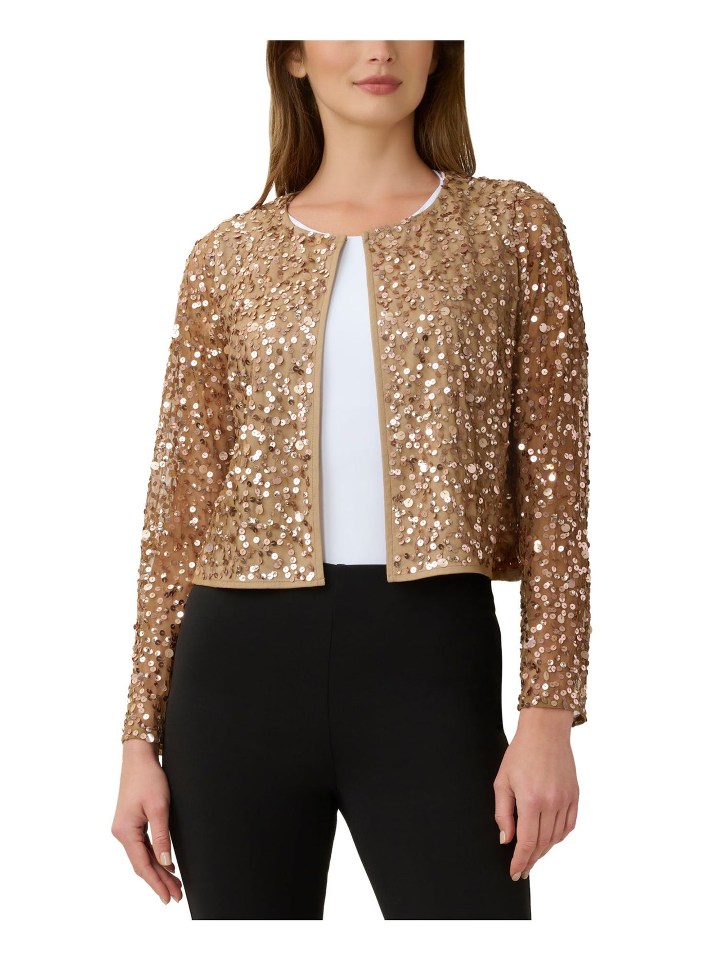 ADRIANNA PAPELL Womens Gold Lined Collarless Hook-n-eye Closure Long Sleeve Open Front Party Cardigan 0