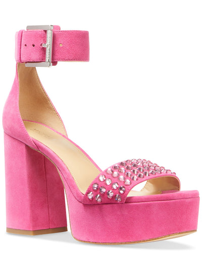 MICHAEL MICHAEL KORS Womens Pink 1-1/2" Platform Embellished Padded Tara Round Toe Block Heel Buckle Leather Heeled Sandal 6.5 M