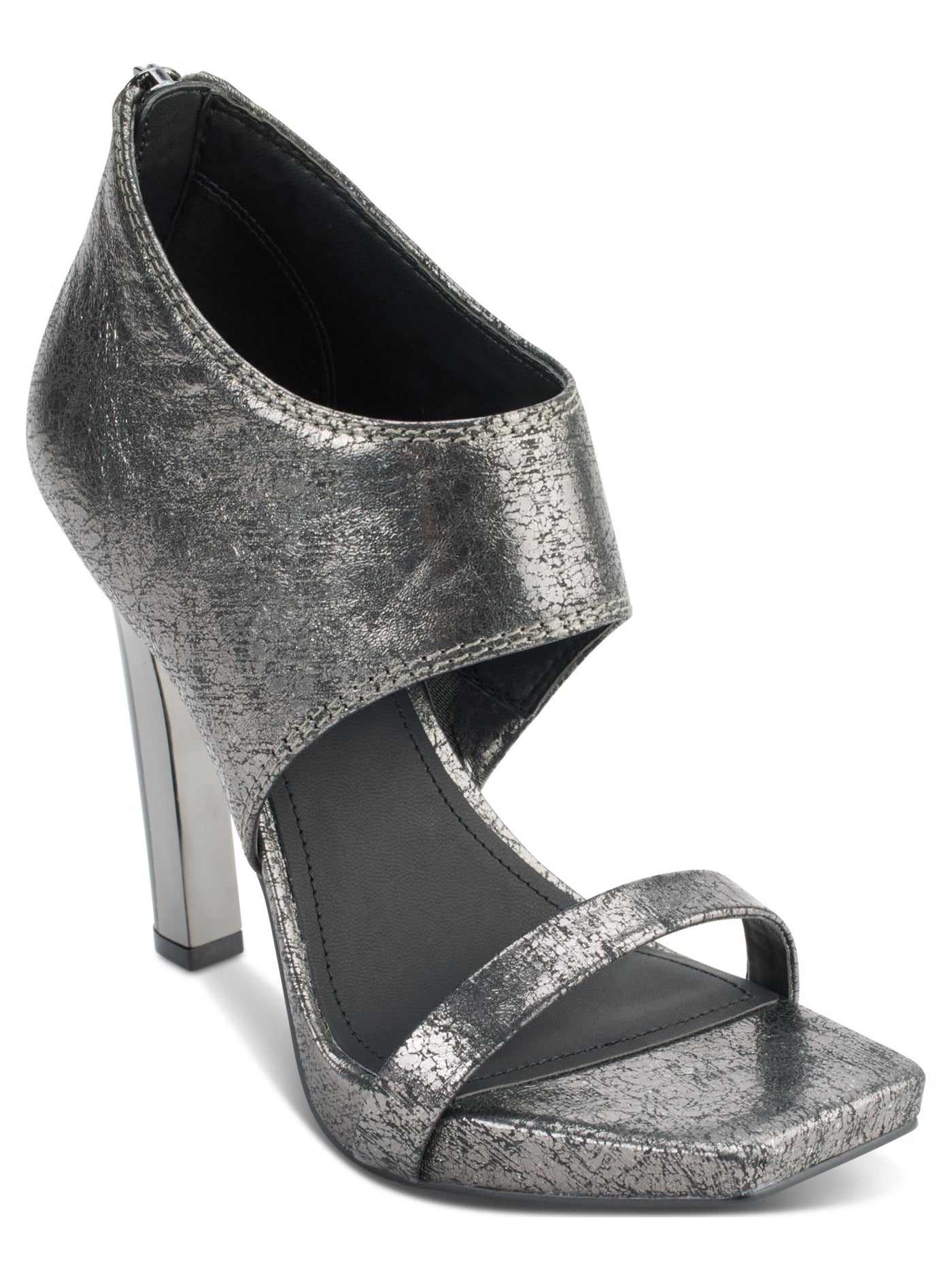 DKNY Womens Gray Patterned Logo Zip Ankle Cuff Metallic Padded Dava Square Toe Block Heel Zip-Up Leather Dress Heeled Sandal 5 M
