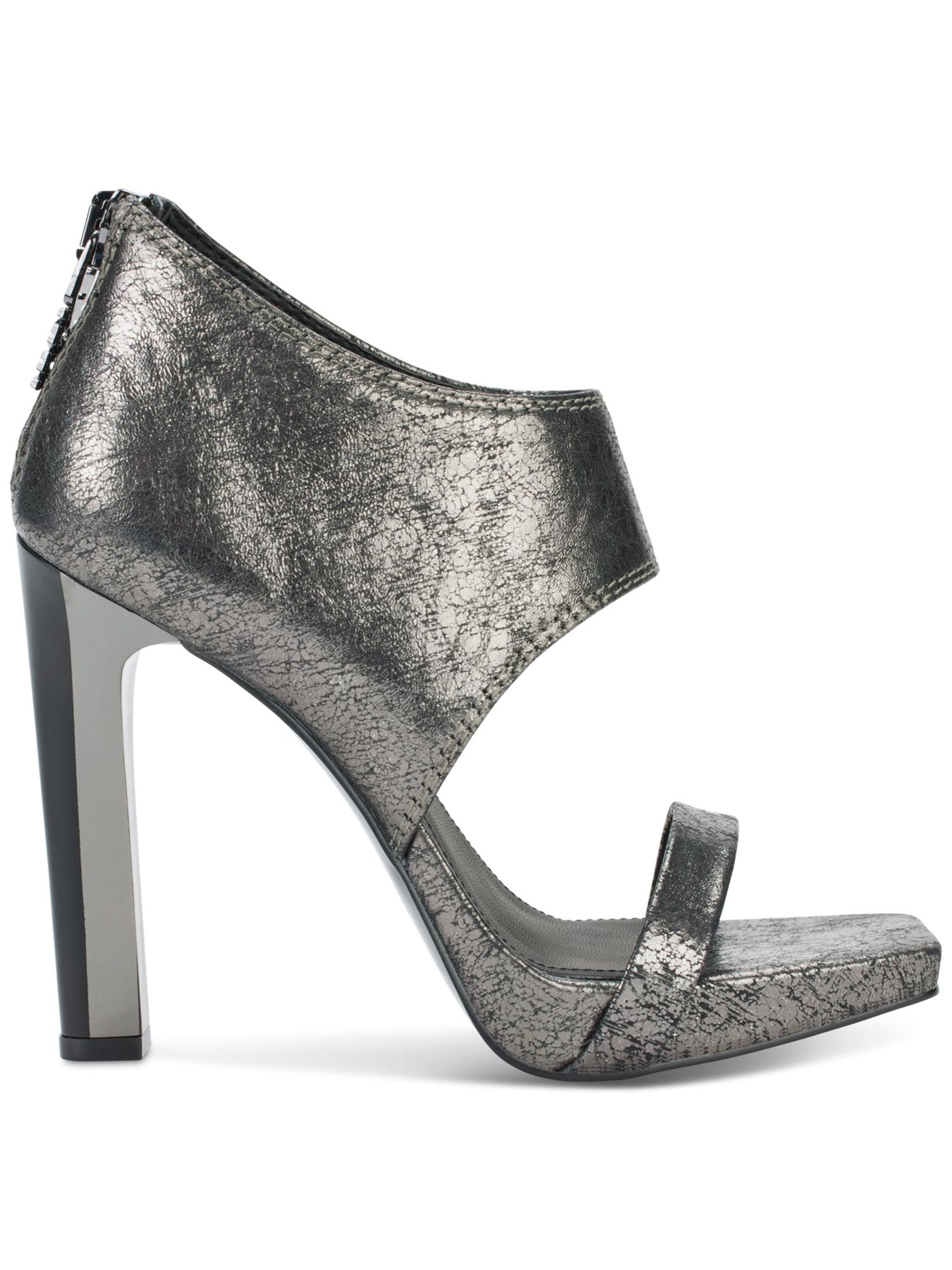 DKNY Womens Gray Patterned Logo Zip Ankle Cuff Metallic Padded Dava Square Toe Block Heel Zip-Up Leather Dress Heeled Sandal 5 M