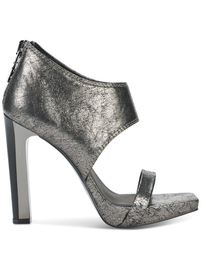 DKNY Womens Gray Patterned Logo Zip Ankle Cuff Metallic Padded Dava Square Toe Block Heel Zip-Up Leather Dress Heeled Sandal 5 M