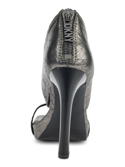 DKNY Womens Gray Patterned Logo Zip Ankle Cuff Metallic Padded Dava Square Toe Block Heel Zip-Up Leather Dress Heeled Sandal 5 M