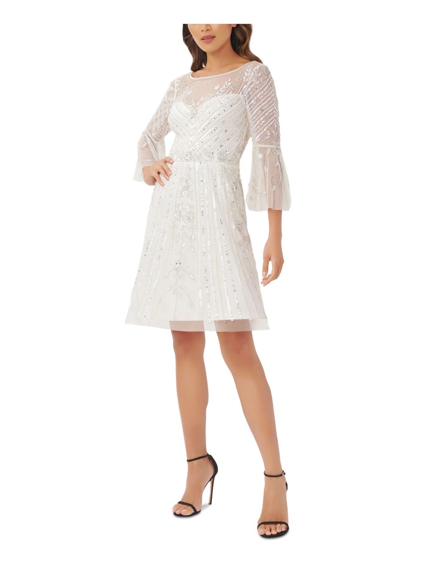 ADRIANNA PAPELL Womens Ivory Beaded Sequined Lined Zippered Long Sleeve Crew Neck Short Cocktail Fit + Flare Dress 2