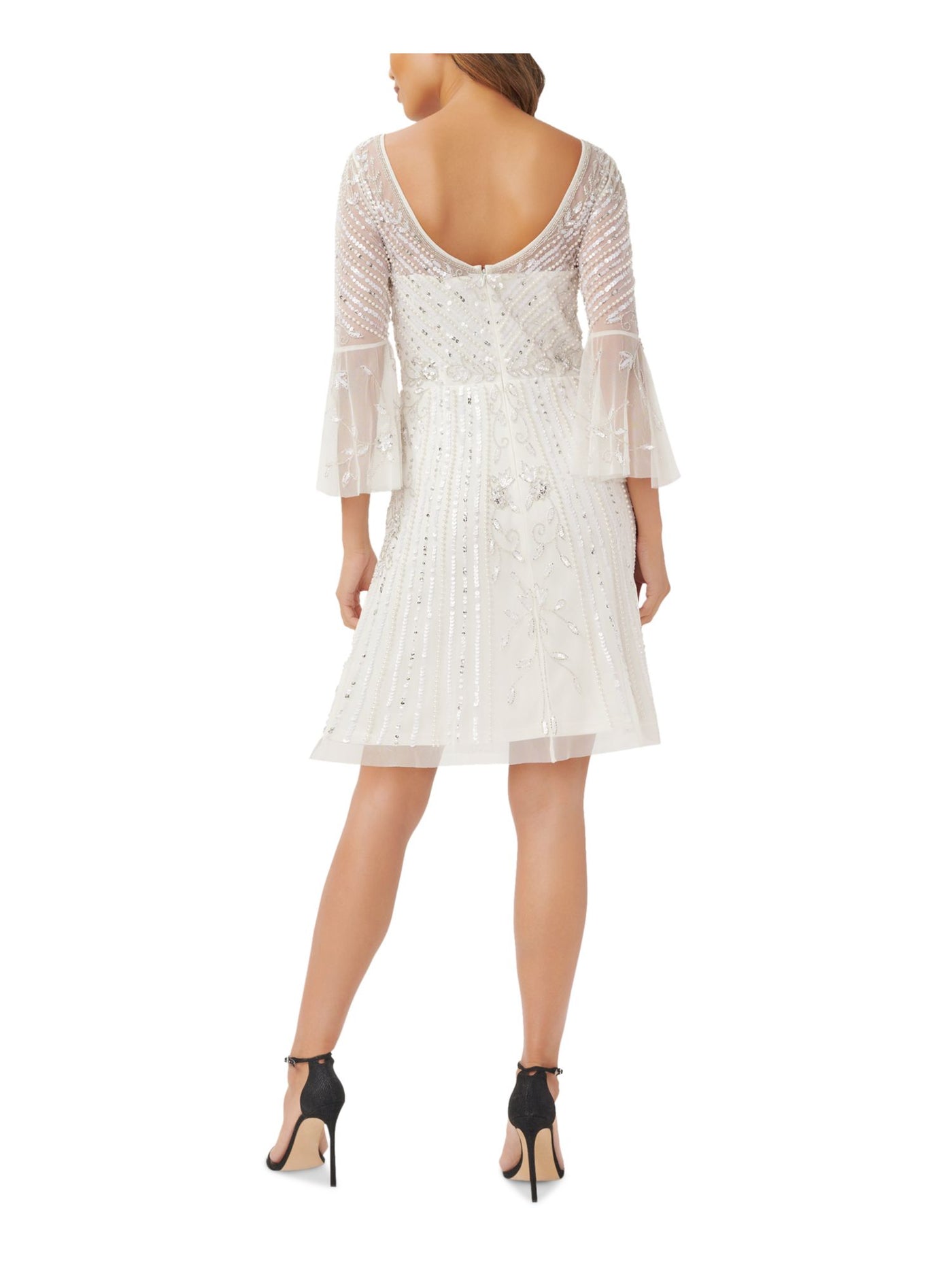 ADRIANNA PAPELL Womens Ivory Beaded Sequined Lined Zippered Long Sleeve Crew Neck Short Cocktail Fit + Flare Dress 2