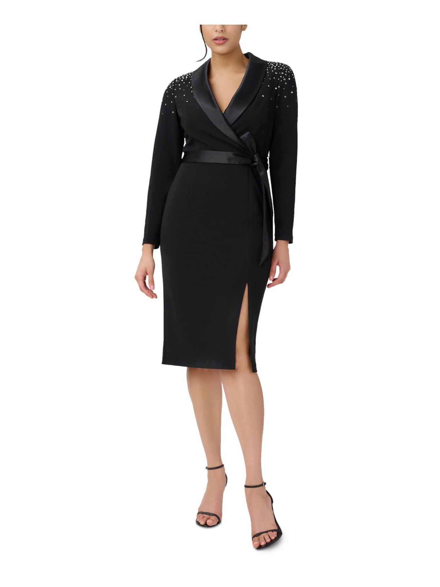 ADRIANNA PAPELL Womens Black Embellished Zippered Self-tie Belt Slitted Lined Long Sleeve Surplice Neckline Knee Length Evening Sheath Dress 2