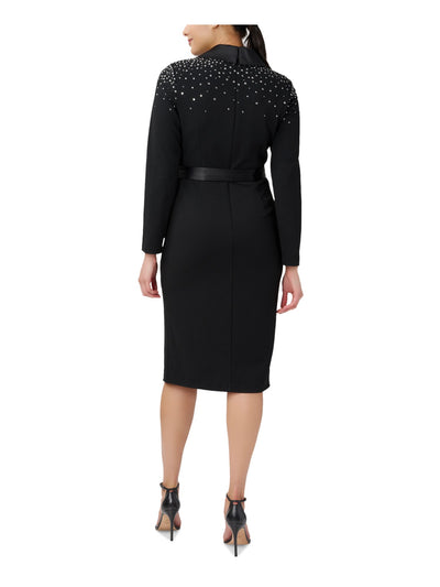 ADRIANNA PAPELL Womens Black Embellished Zippered Self-tie Belt Slitted Lined Long Sleeve Surplice Neckline Knee Length Evening Sheath Dress 2