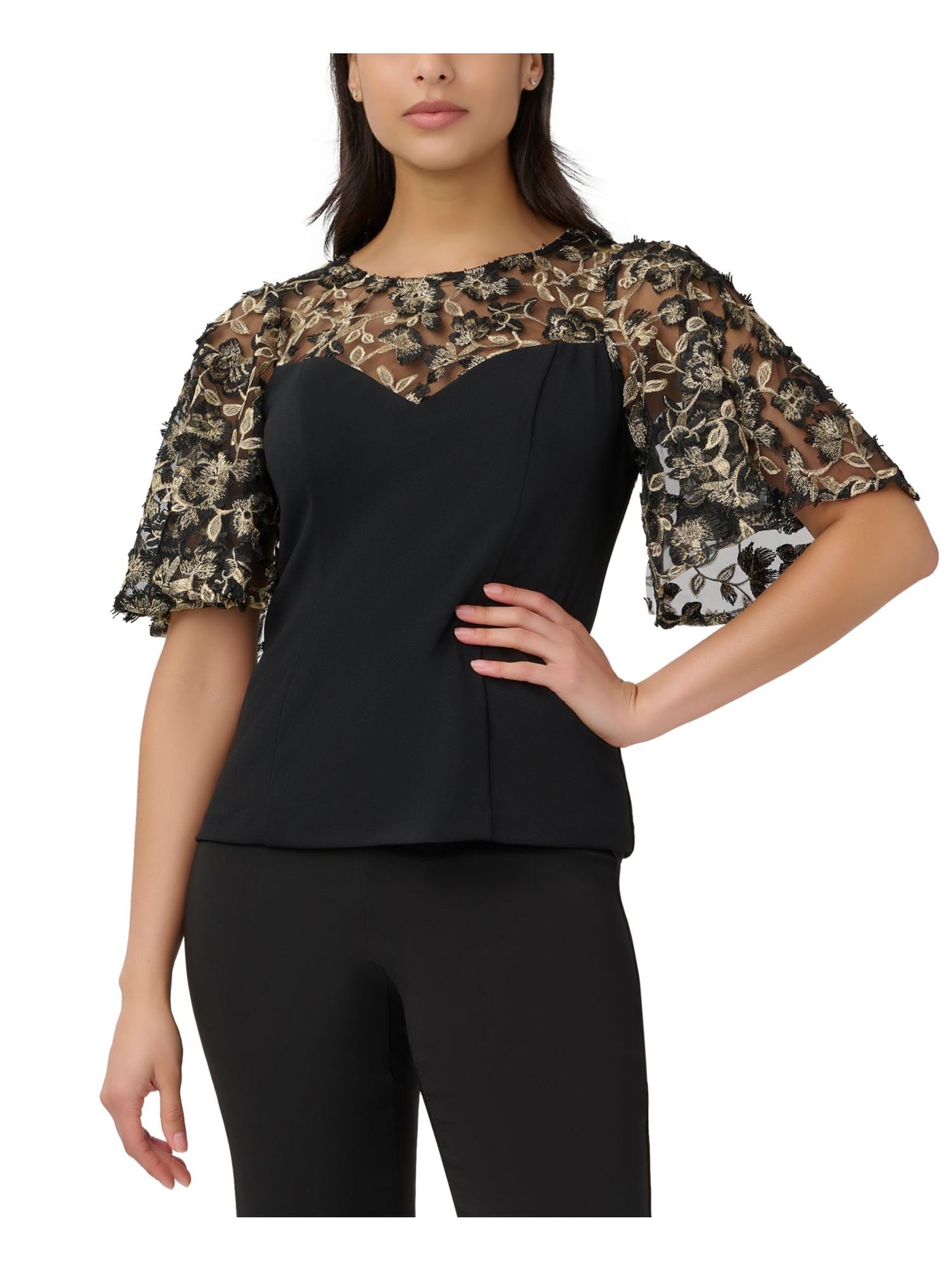 ADRIANNA PAPELL Womens Black Zippered Floral Short Sleeve Illusion Neckline Wear To Work Top 10