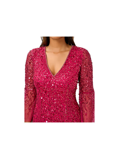ADRIANNA PAPELL Womens Pink Embellished Zippered Lined Sheer Darted Bell Sleeve V Neck Mini Cocktail Sheath Dress 6