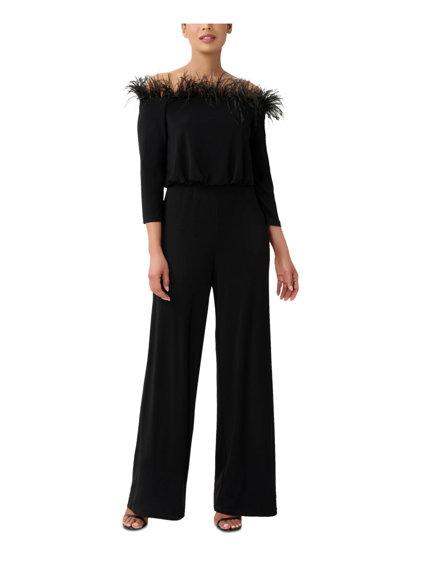 ADRIANNA PAPELL Womens Black Zippered Blouson Waist 3/4 Sleeve Off Shoulder Evening Wide Leg Jumpsuit 2