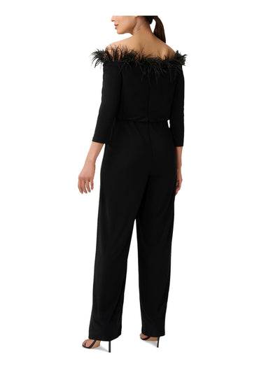 ADRIANNA PAPELL Womens Black Zippered Blouson Waist 3/4 Sleeve Off Shoulder Evening Wide Leg Jumpsuit 2